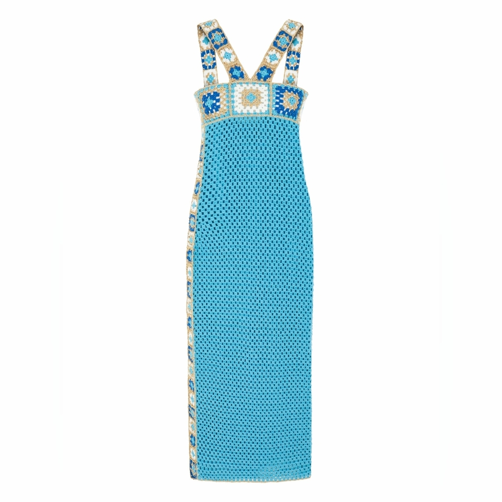 REVOLVE Sky Blue Crochet Maxi Dress with Multicolor Mosaic Trim - Picture 5 of 10